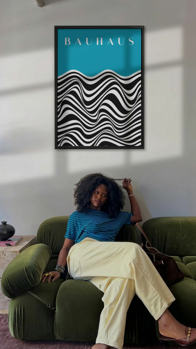 Bauhaus Optical Waves – Black and White Wave Pattern Framed Art Print