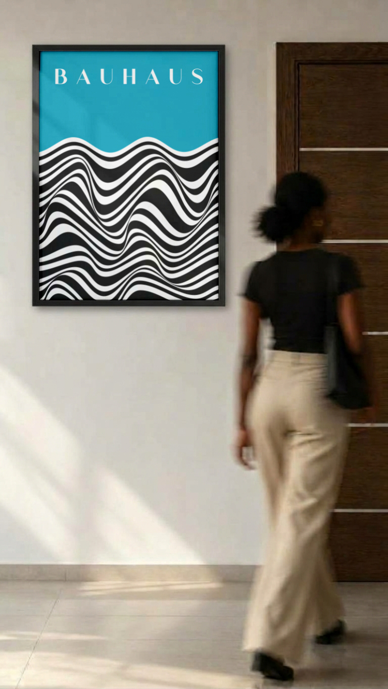 Bauhaus Optical Waves – Black and White Wave Pattern Framed Art Print