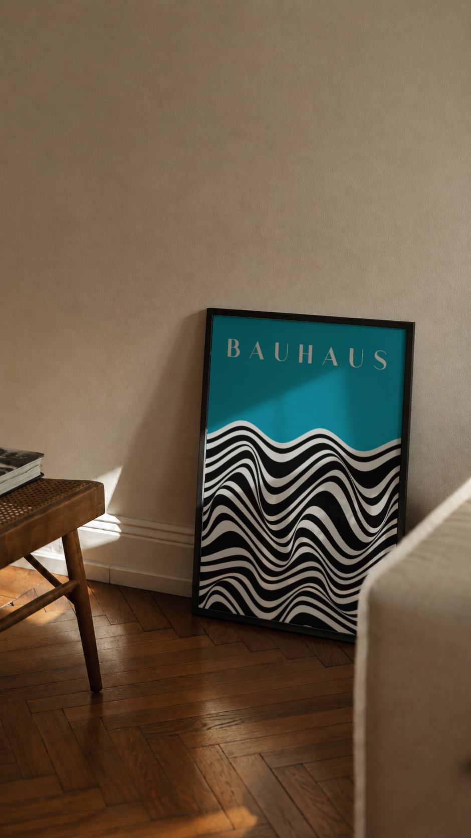 Bauhaus Optical Waves – Black and White Wave Pattern Framed Art Print