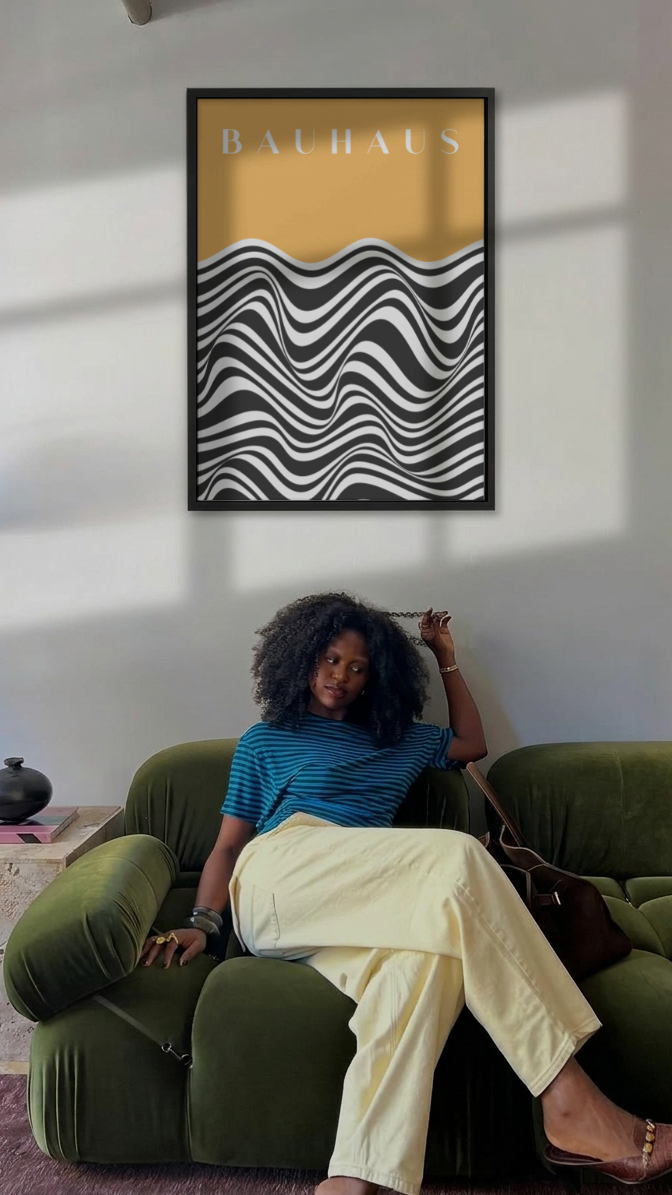 Bauhaus Optical Waves – Black and White Wave Pattern Framed Art Print