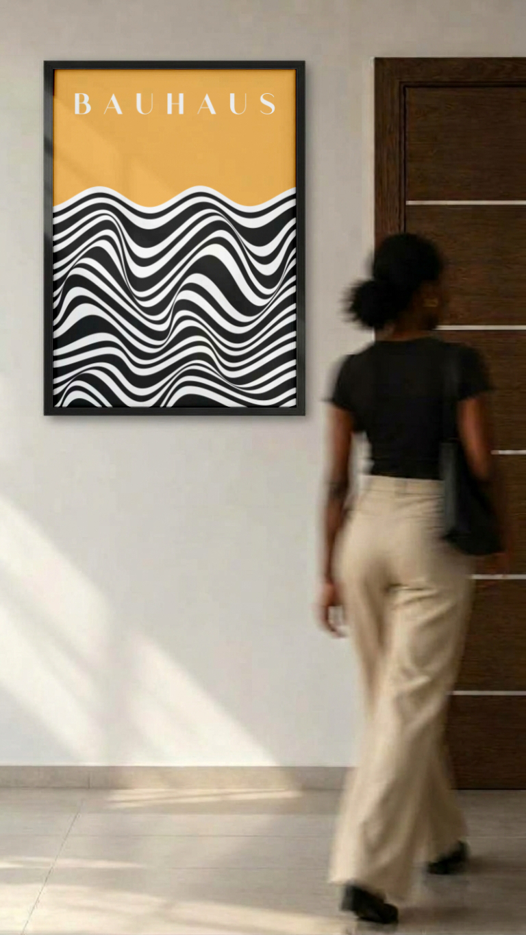 Bauhaus Optical Waves – Black and White Wave Pattern Framed Art Print