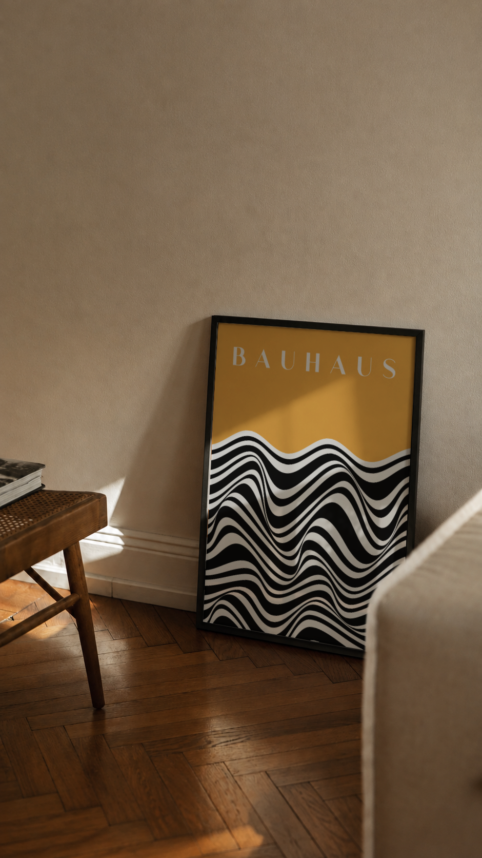 Bauhaus Optical Waves – Black and White Wave Pattern Framed Art Print