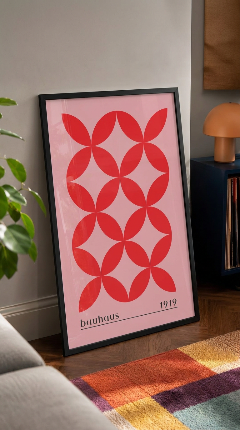 Bauhaus 1919 – Red and Pink Interlocking Circles Framed Art Print