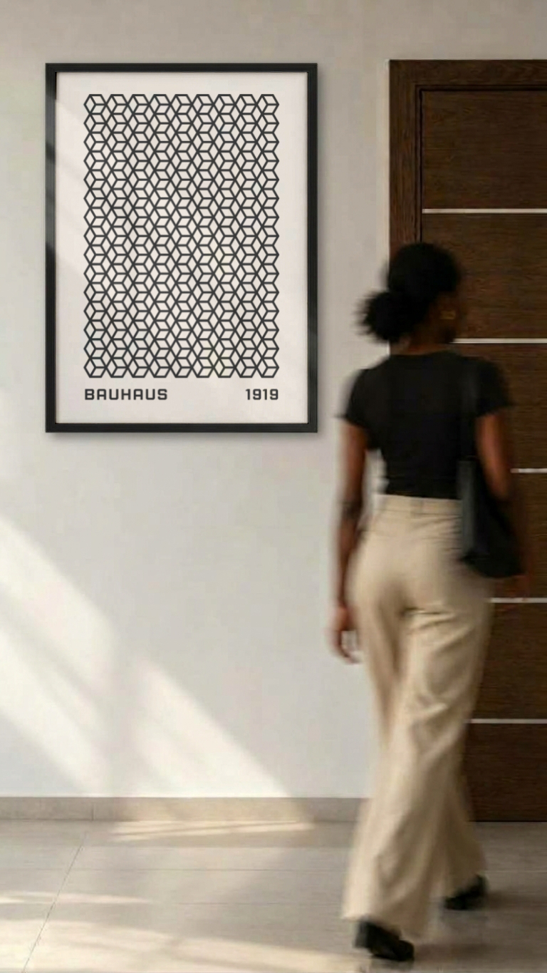 Bauhaus 1919 – Black Isometric Cube Pattern Framed Art Print