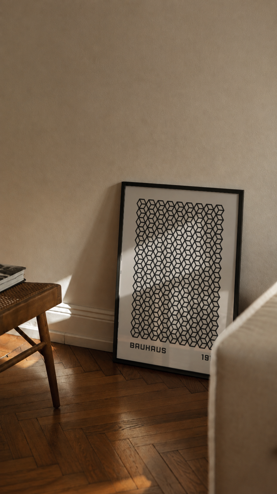 Bauhaus 1919 – Black Isometric Cube Pattern Framed Art Print