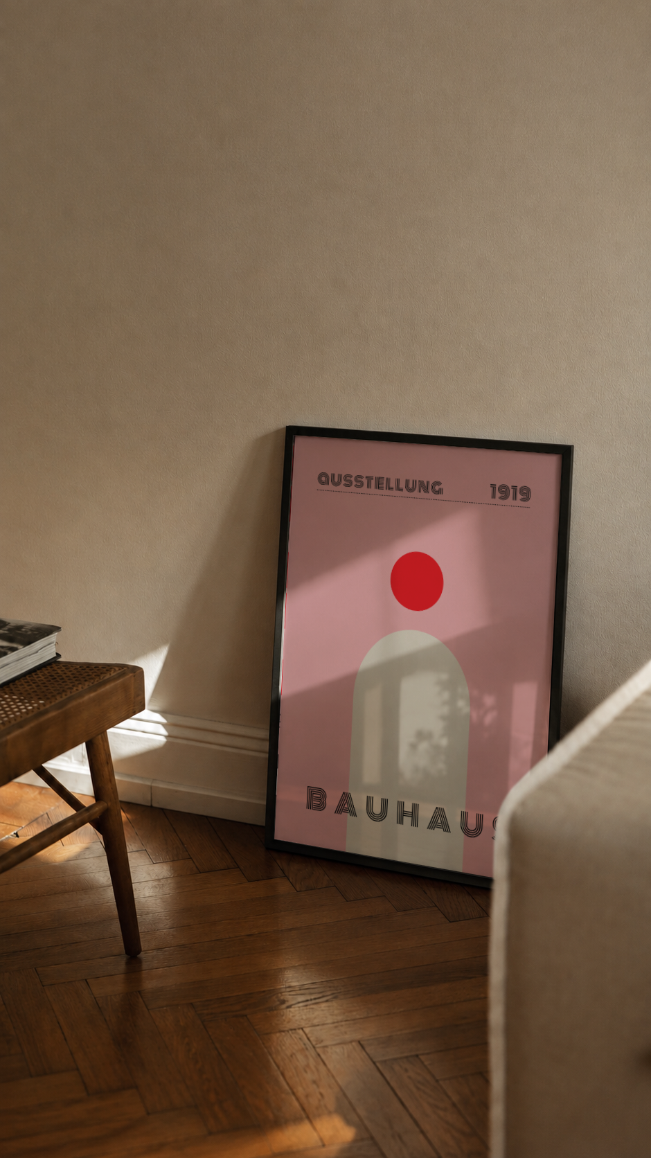 Bauhaus Ausstellung 1919 – Blush Pink Arch and Red Sun Framed Art Print