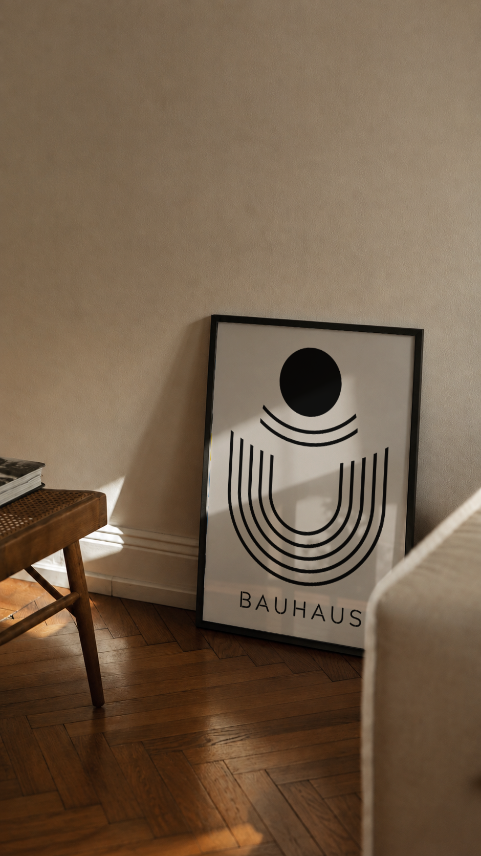 Bauhaus Minimalist Arches and Sun – Black Line Art Framed Art Print
